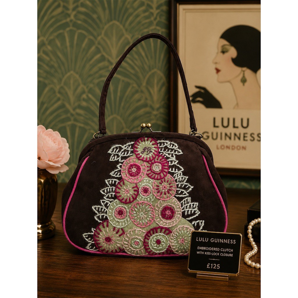 Lulu Guinness Clutch Handbag Womens Small Brown Floral Kiss Lock